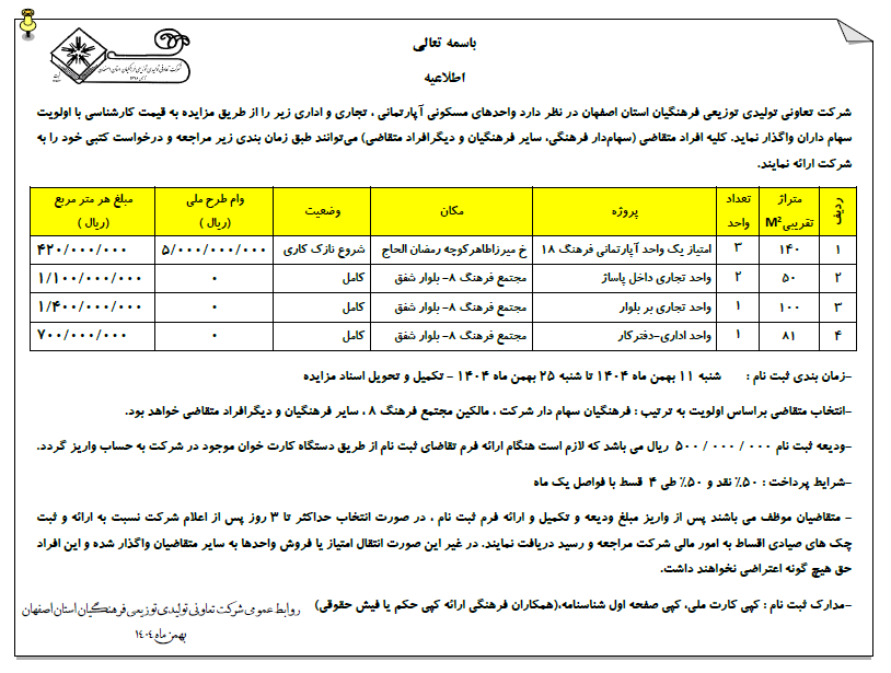 آگهی مزایده واحدهای اداری ، تجاری و مسکونی 
